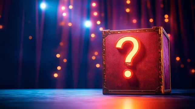 A vibrant magician's box with a bold illuminated question mark sign glows against a colorful curtain backdrop on the stage. Mystical magic box illuminated by stage lights.