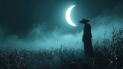Fototapeta premium Scarecrow in a dark cornfield under a crescent moon, eerie atmosphere, shadows everywhere 