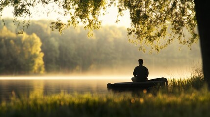 Silhouetted man meditates lakeside at dawn.