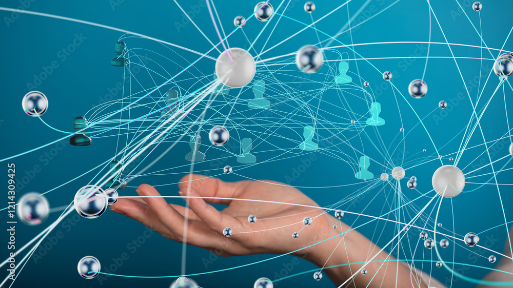 Poster Global network. Blockchain. 3D illustration. Neural networks and artificial intelligence. Abstract