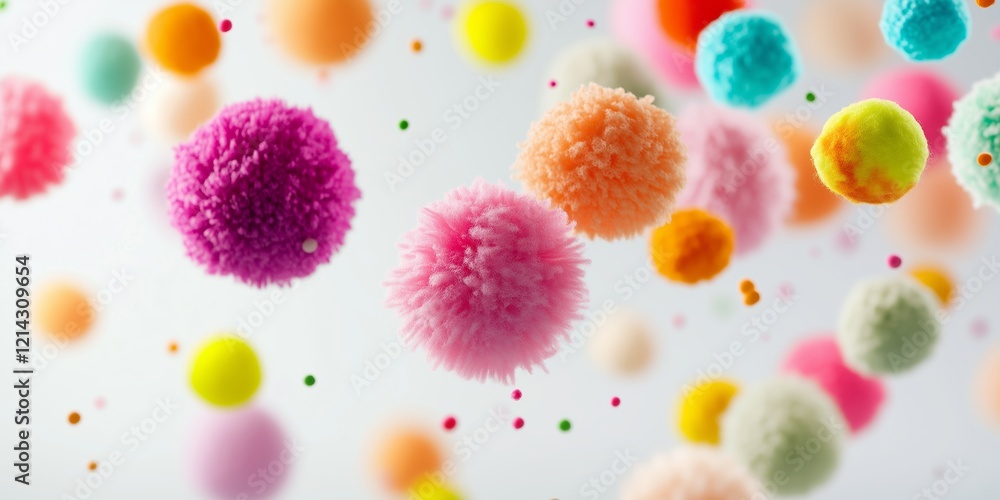 Poster colorful fluffy balls floating in the air, creating a vibrant atmosphere. colorful fluffy balls hove