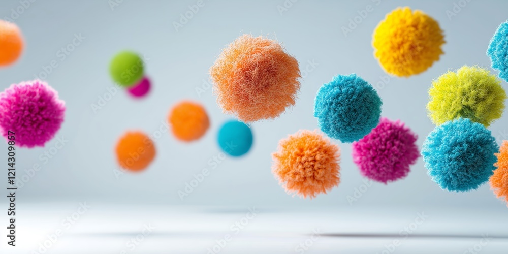 Poster colorful fluffy balls are floating in the air, creating a whimsical backdrop.