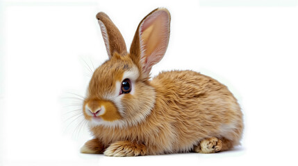 A small brown rabbit sitting on a white surface