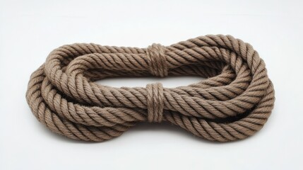 Close-up of a thick straight rope with coarse fibers, displayed on a bright white background