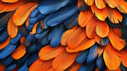 Fototapeta premium Close-up of bright orange and blue feathers overlapping, showcasing their vibrant colors and intricate details