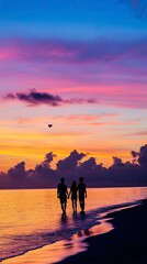 Fototapeta premium Couple Silhouette Walking on the Beach at Sunset, Valentine’s Day, valentine' silhouette 