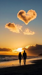 Couple Silhouette Walking on the Beach at Sunset, Valentine&rsquo;s Day, valentine' silhouette 