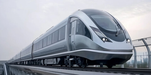 Fototapeta premium A modern silver train speeds through the urban landscape under a cloudy sky. A modern high-speed silver train moves swiftly along the tracks in the city.