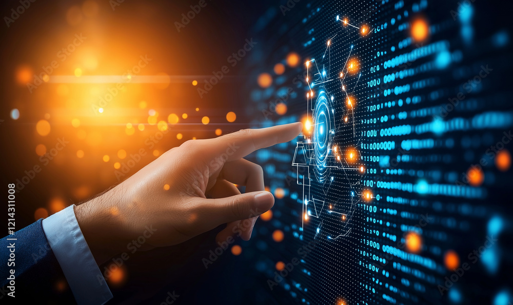 Poster businessman interacts with virtual screen displaying data and technology elements, symbolizing innov