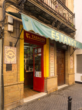 SEVILLE, SPAIN - MARCH 16, 2016:  Exterior view of Estanco del Arco Tobacconist shop in Calle San Luis