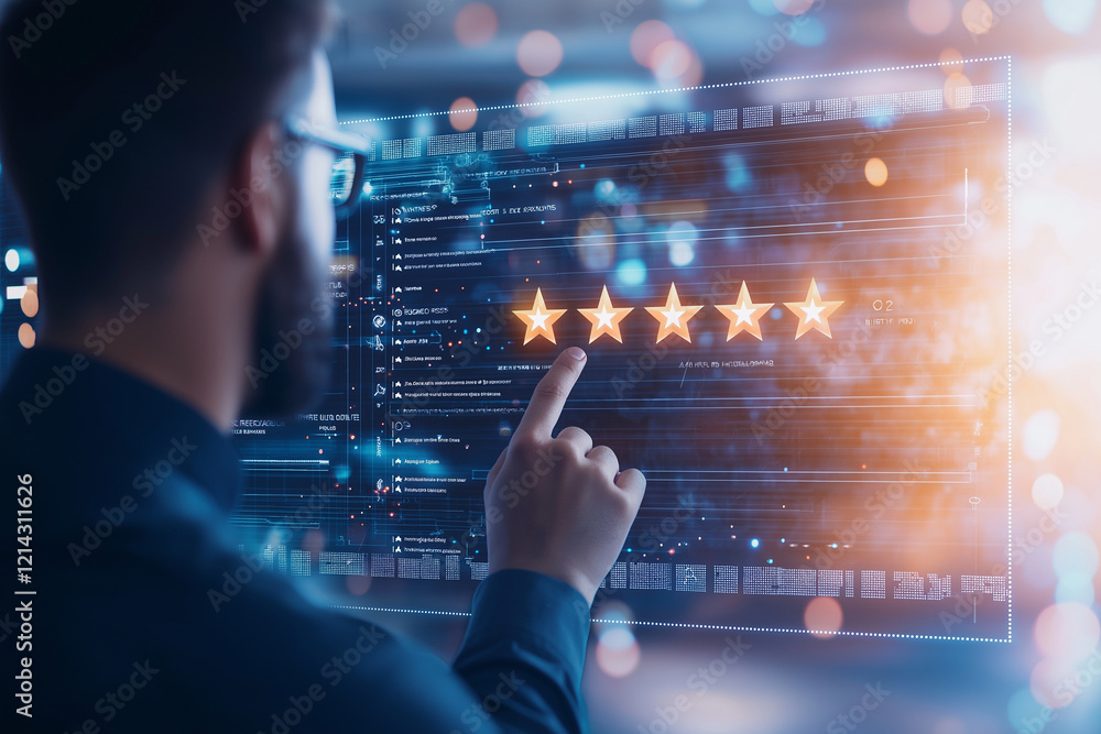 Poster businessman interacting with virtual screen displaying five star rating system, showcasing technolog