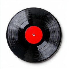A photostock of a classic black vinyl record with visible grooves, lying flat on a white background, representing music and retro vibes. High Quality