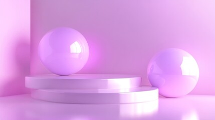 Minimalist 3D Render of Purple Spheres on a White Platform