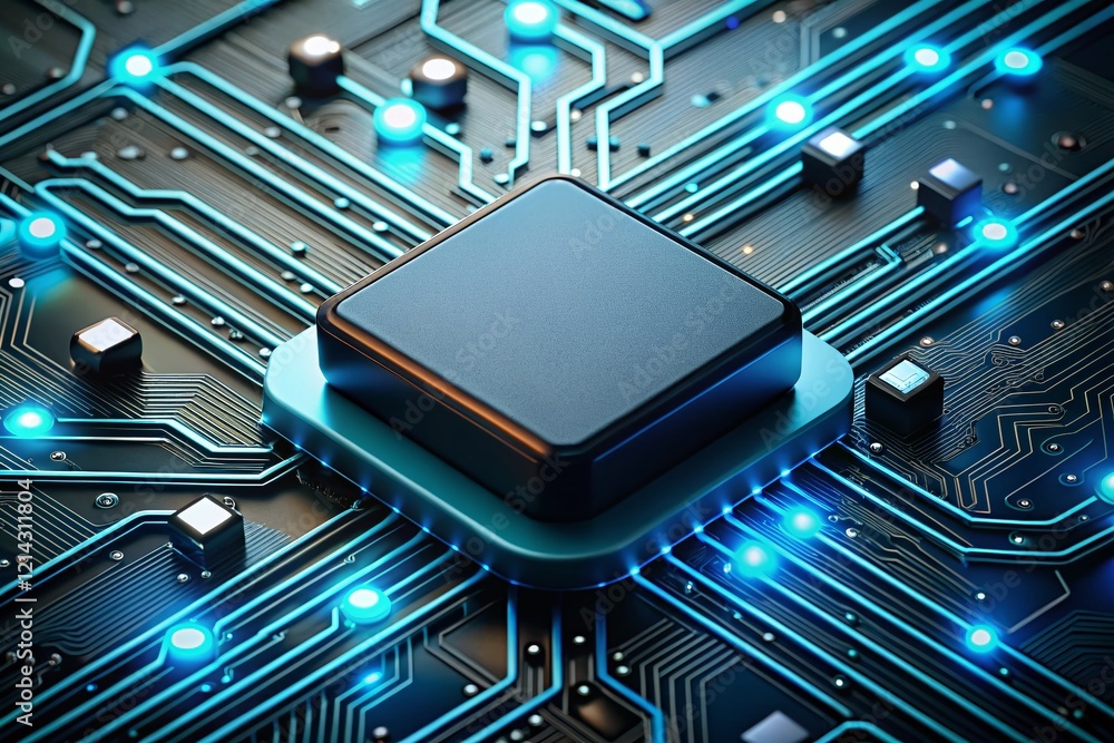 Poster futuristic ai technology: circuit board with glowing nodes, abstract data streams