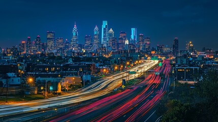 Naklejka premium Vibrant City Skyline with Dynamic Highway Lights at Night