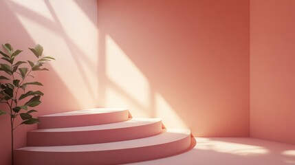 Obraz premium Minimalist Pink Room with Sunlight and Circular Steps
