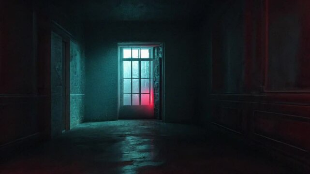 Dark, eerie hallway with a window emitting a pale light. Red and teal hues create a suspenseful and mysterious atmosphere. Perfect for horror, thriller, or mystery projects.