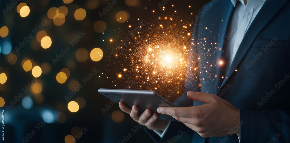 Poster businessman holding tablet with digital virtual screen displaying glowing particles. background feat
