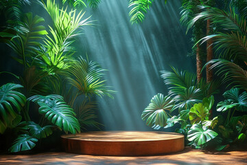 An ornate podium rests under a single spotlight, embraced by vibrant palm leaves against a rich green backdrop, creating an alluring, mysterious atmosphere perfect for events.