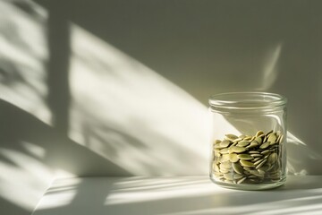 modern still life of transparent glass jar with pumpkin seeds, minimalist composition, soft shadows, clean backdrop