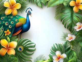 Naklejka premium Vibrant Tropical Peacock Surrounded by Lush Floral Foliage and Exotic Plants