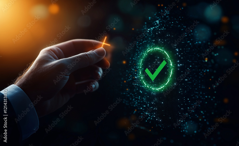 Poster hand holding glowing cross symbol near digital checkmark on virtual screen, representing success and