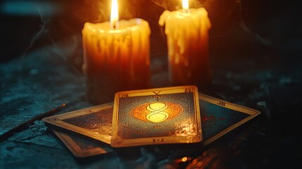 Halloween tarot cards on a dark table, mystical symbols, candlelight, spooky atmosphere 