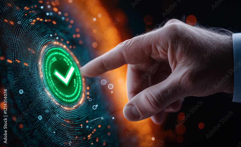 Poster hand touching digital checkmark on glowing circular interface, symbolizing approval and success in v