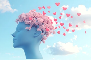 A blue head with pink flowers in the shape of heart is growing out from it, against a sky background, in a cartoon style with simple shapes and flat design