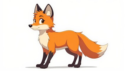 Obraz premium A vibrant animated fox with an orange body, white chest, and black legs stands on all fours, gazing left. Its white-tipped tail adds charm as its head turns ever so slightly leftward, capturing curios