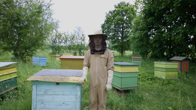 A beekeeper stands in a lush meadow surrounded by colorful hives, dressed in protective gear, showcasing sustainable beekeeping practices in a tranquil rural environment