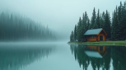 Obraz premium A cabin is sitting on a lake with trees in the background. The water is calm and the sky is cloudy