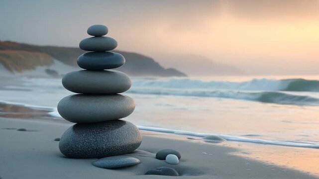Steinbalance am Strand bei Sonnenuntergang

