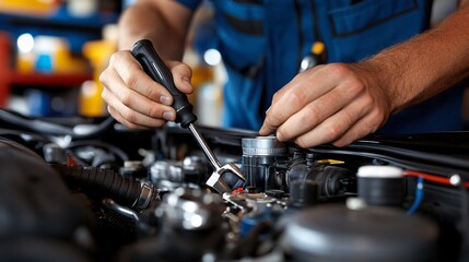 Close-up of a mechanic’s hands working on a car engine with a wrench in a garage, showcasing the detailed process of vehicle maintenance and repair.