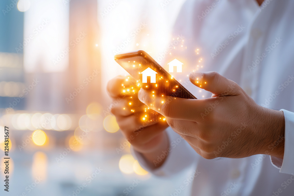 Poster man using smartphone with glowing house icons, representing digital real estate. background features
