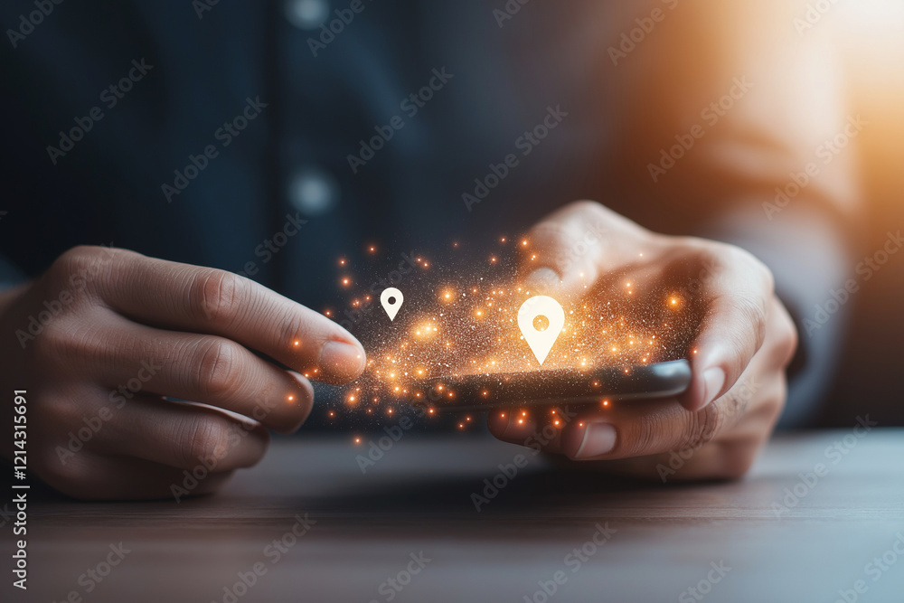 Poster close up of man hand holding mobile phone with glowing location markers. image conveys sense of tech