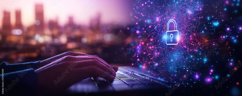 Poster digital artwork depicting person typing on laptop with glowing security lock symbol. background feat