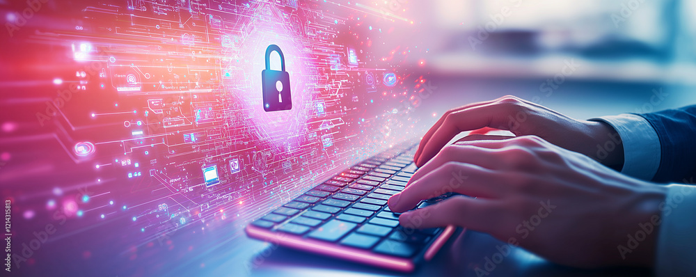 Aufkleber digital illustration of business person hands typing on keyboard, surrounded by glowing security ico