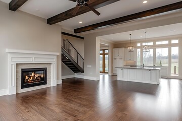 Living room in new luxury home with floor to ceiling fireplace