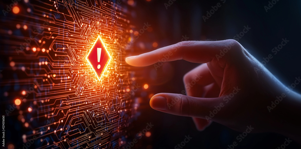 Poster hand touching digital screen with warning sign, symbolizing caution in technology. vibrant colors an