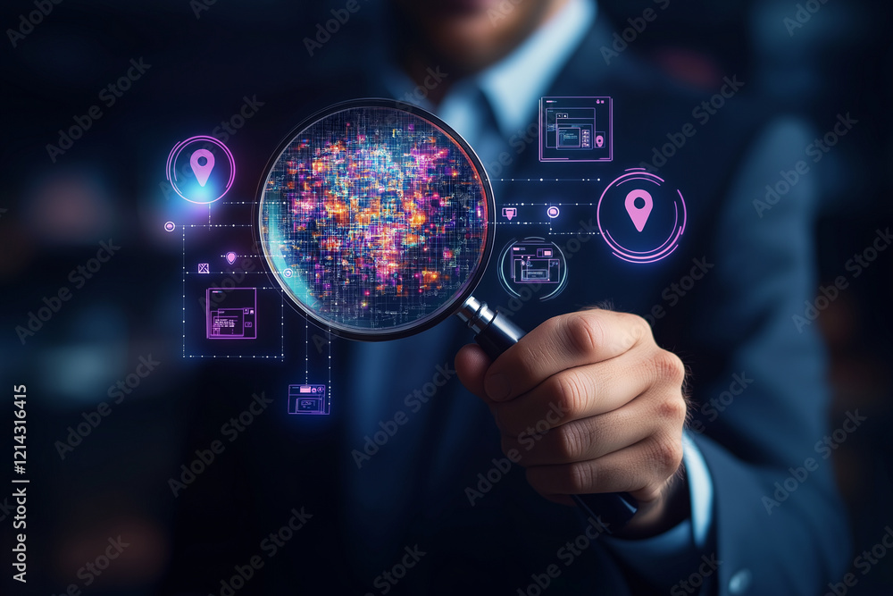 Poster businessman holding magnifying glass examines digital map with location markers, symbolizing data an