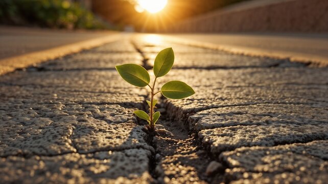 A small plant growing through a crack in the sidewalk under a golden sunrise, representing the power of hope and resilience in difficult times