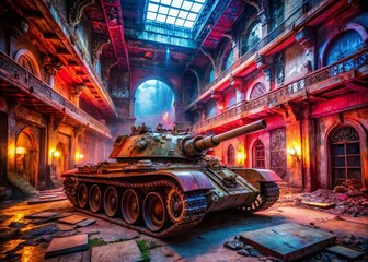 Obraz premium Futuristic Tank in Abandoned Stock Exchange - Cyberpunk Urban Exploration