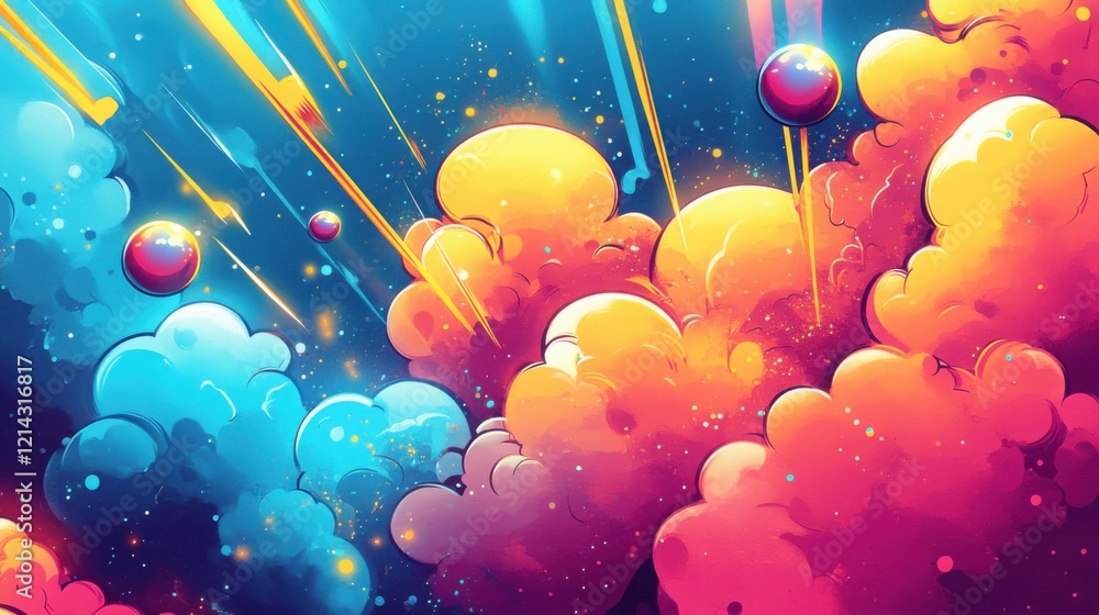 Poster vibrant comic book style clouds pattern with colorful bursts and dynamic pop art elements creating a