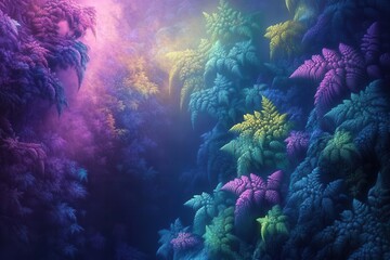 Naklejka premium mystical bioluminescent rainforest scene with fractal patterns in vegetation, ethereal fog, dramatic lighting, hyperdetailed digital art