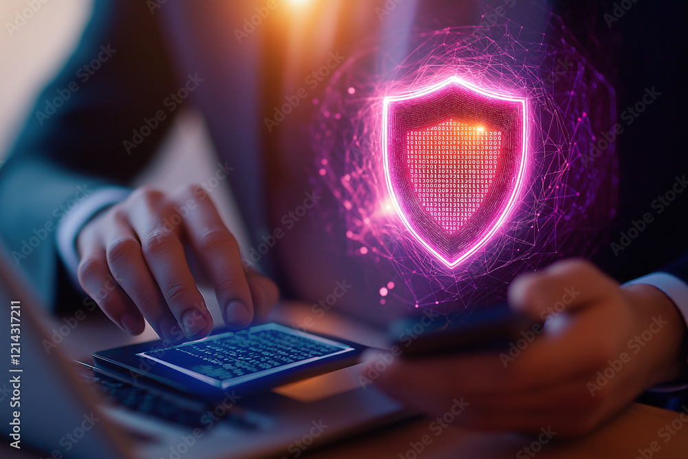 Poster man in suit is using laptop and holding smartphone, with digital shield symbolizing cybersecurity. i