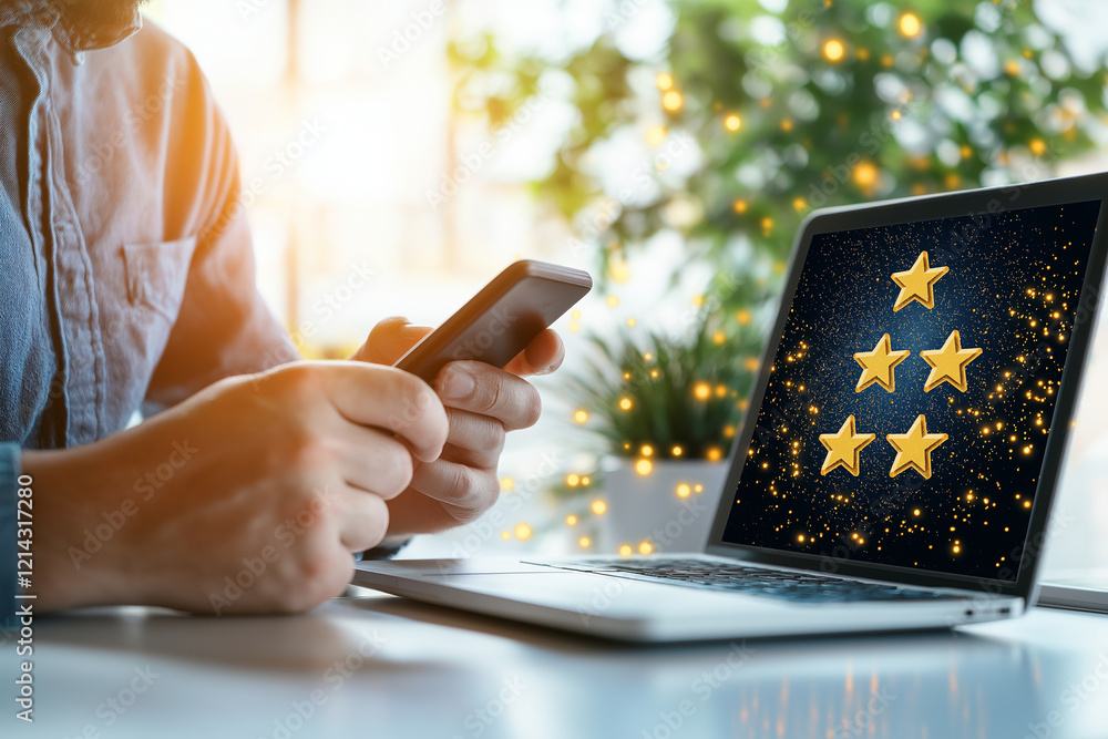 Aufkleber man using smartphone to leave positive review while sitting at desk with laptop displaying five star
