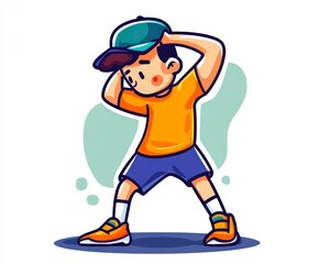 Naklejka premium Young Boy Stretching in Colorful Sport Attire with Cap