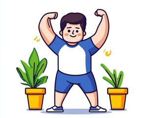 Happy Young Man Flexing Muscles with Potted Plants in Background