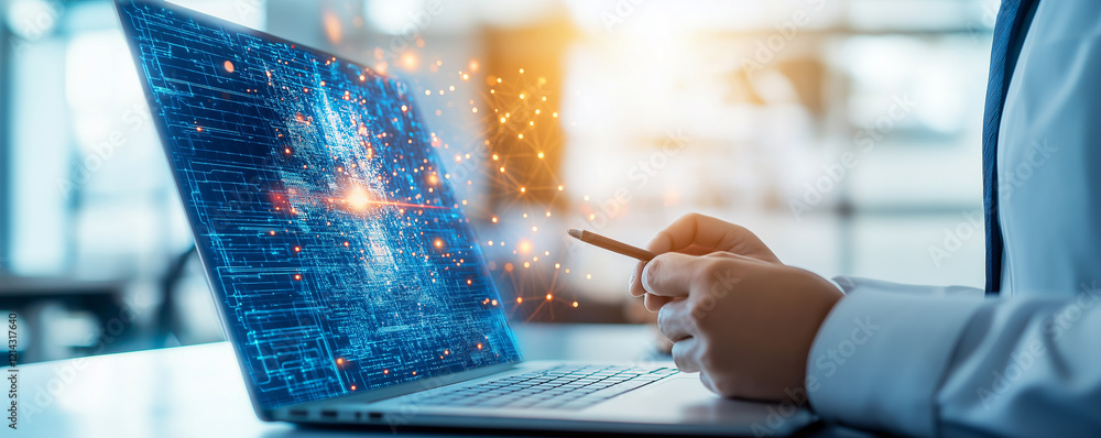 Poster businessman using laptop with digital data visualization, showcasing technology and innovation in mo